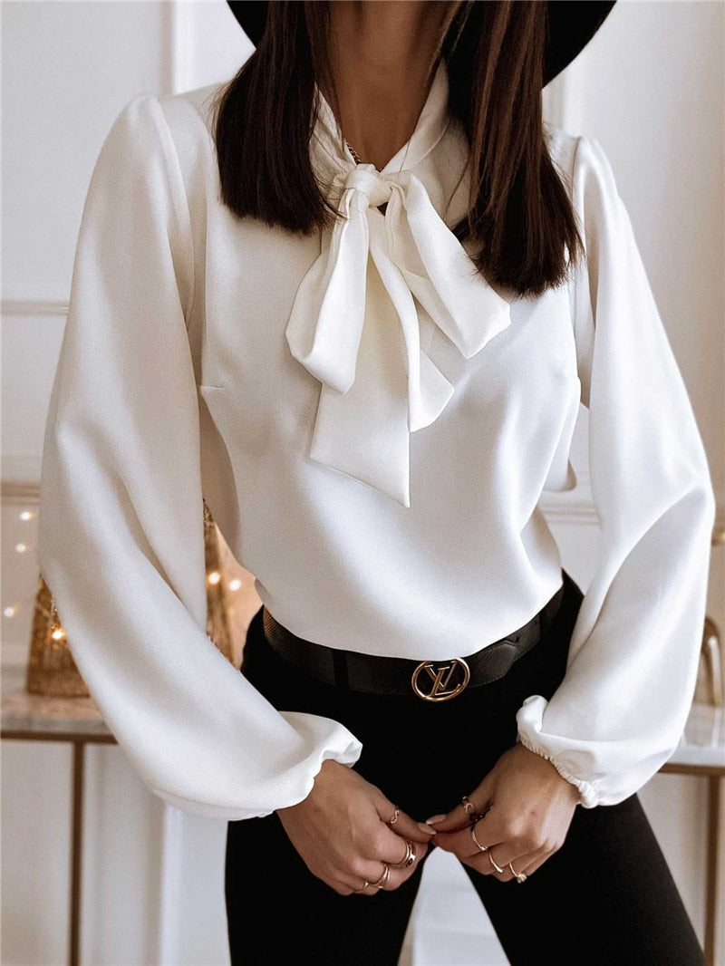 Women’s Bow Tie Blouse – Elegant Long Sleeve Winter Top