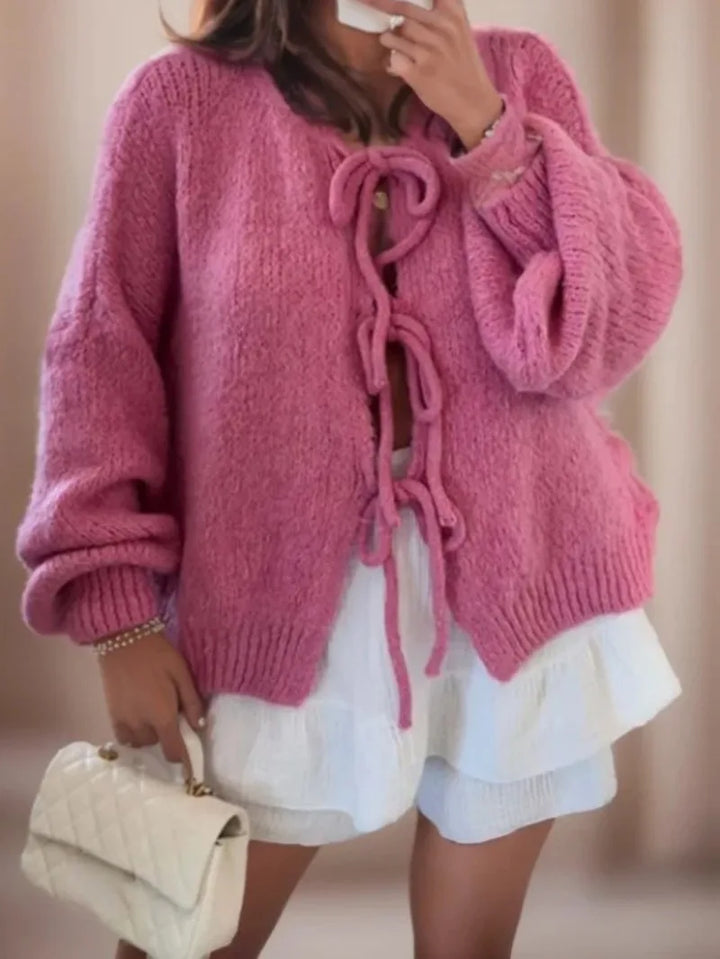 Women’s Soft Knit Tie-Front Cardigan – Balloon Sleeve Bow Detail