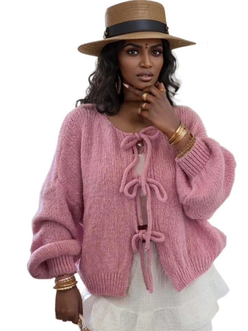 Women’s Soft Knit Tie-Front Cardigan – Balloon Sleeve Bow Detail