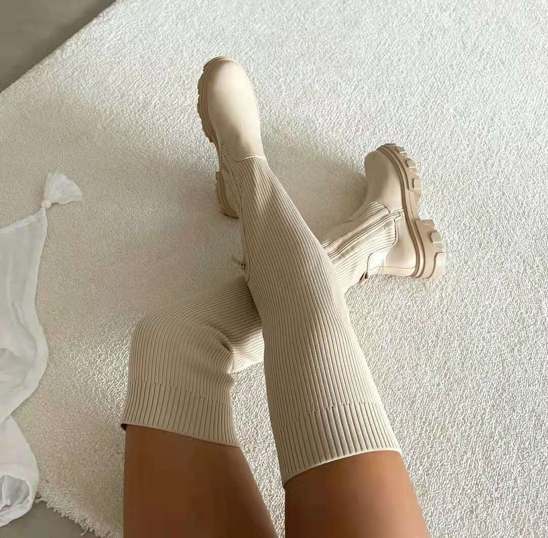 Women’s Ribbed Stretch Knee-High Boots – Heeled Sock Boots for Winter Outfits