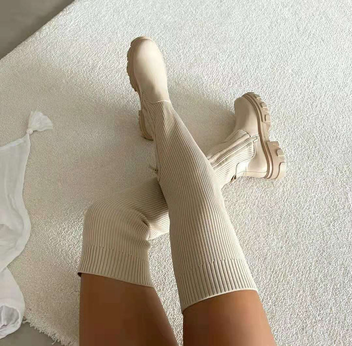 Women’s Ribbed Stretch Knee-High Boots – Heeled Sock Boots for Winter Outfits