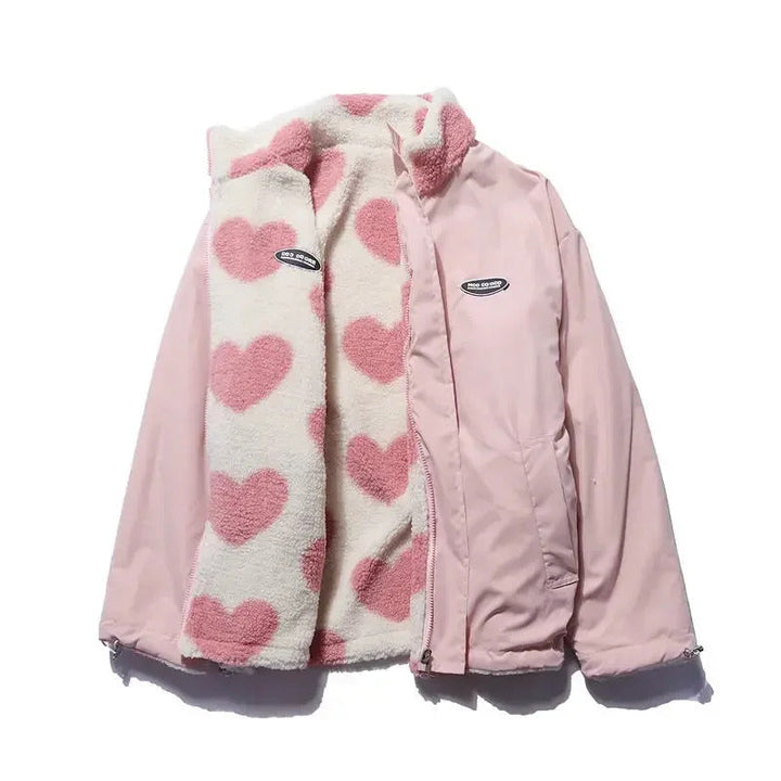 Women’s Fleece Lined Reversible Jacket with Heart Pattern