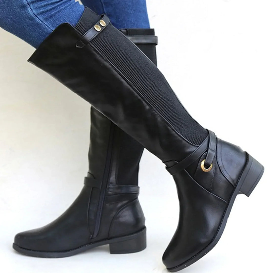 Women’s Leather Riding Knee-High Boots – Comfortable Flat Winter Boots with Side Zip
