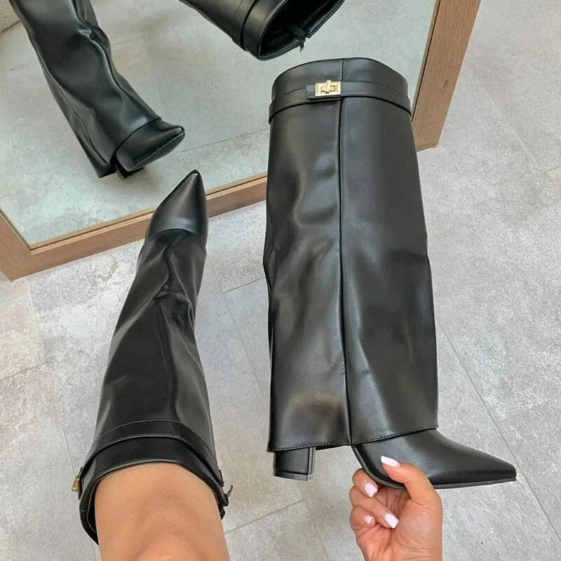Women’s Suede Thigh-High Boots with Gold Buckle – Elegant Heeled Winter Boots