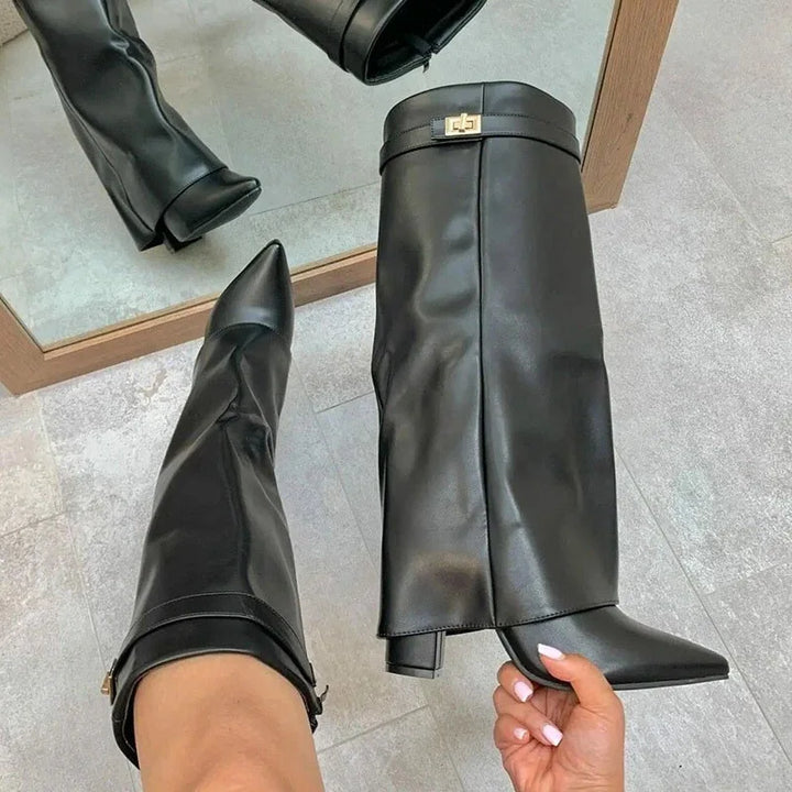 Women’s Suede Thigh-High Boots with Gold Buckle – Elegant Heeled Winter Boots