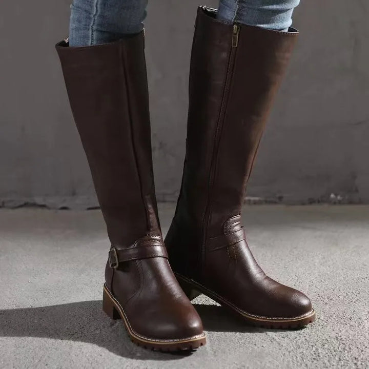 Women’s Leather Knee High Boots – Comfortable Flat Riding Style Winter Boots