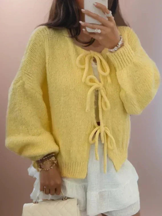 Women’s Soft Knit Tie-Front Cardigan – Balloon Sleeve Bow Detail
