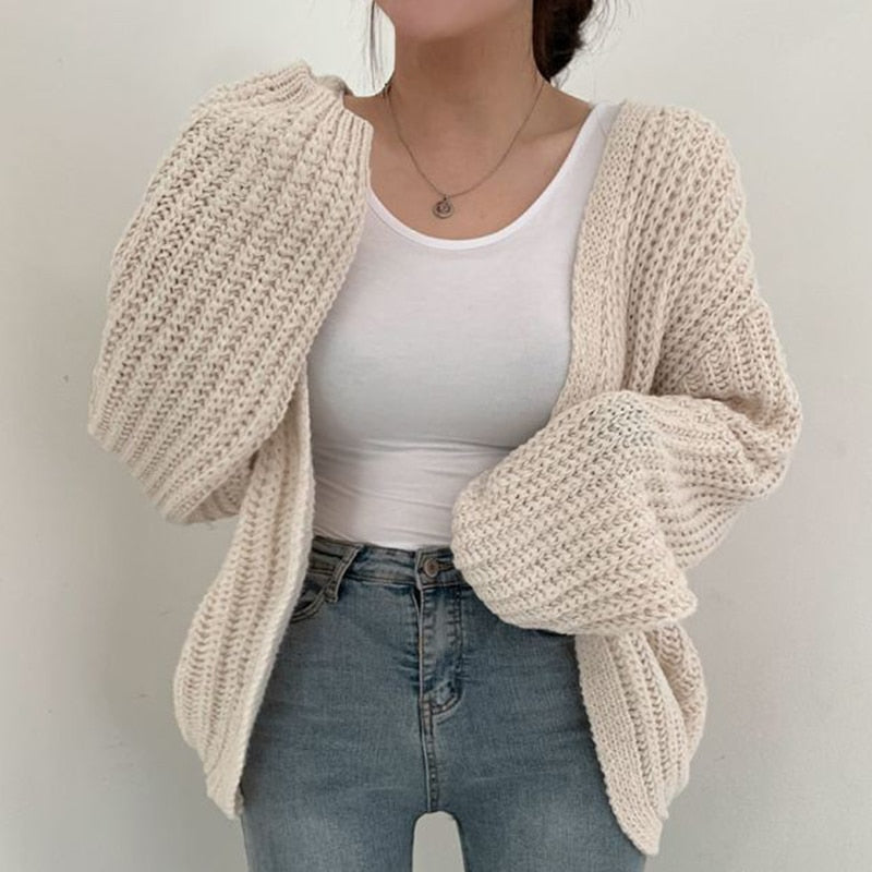 Women’s Oversized Chunky Knit Cardigan – Balloon Sleeve Open Front Jumper