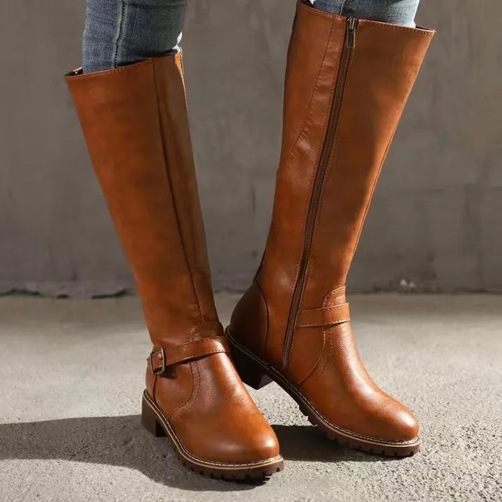 Women’s Leather Knee High Boots – Comfortable Flat Riding Style Winter Boots
