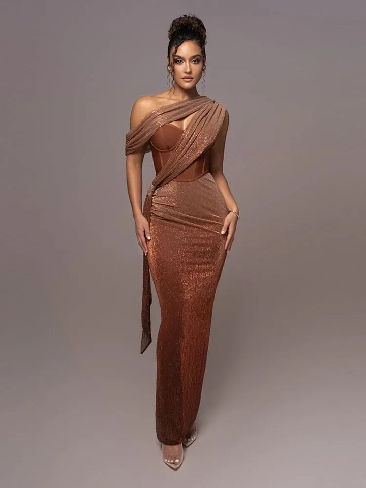 Women’s One-Shoulder Luxe Evening Maxi Dress – Elegant Winter Party & Christmas Outfit