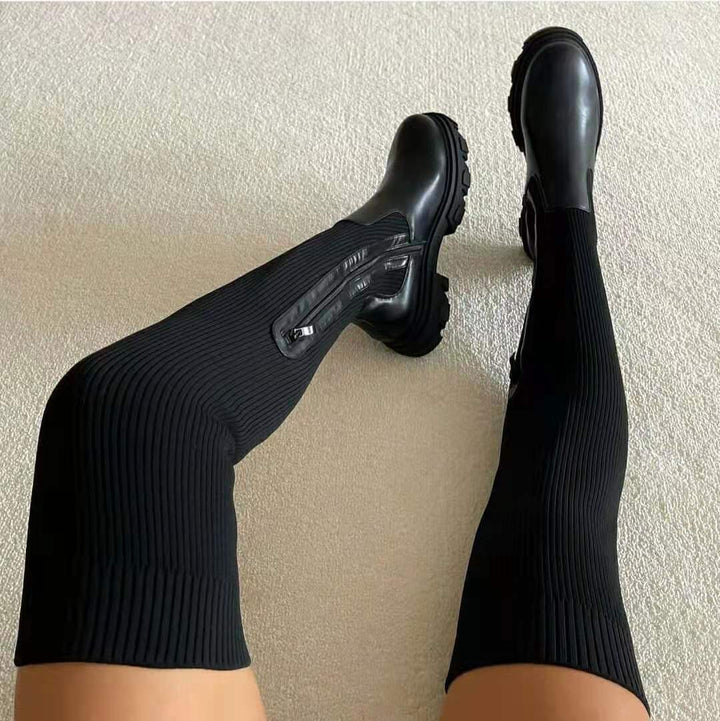 Women’s Ribbed Stretch Knee-High Boots – Heeled Sock Boots for Winter Outfits