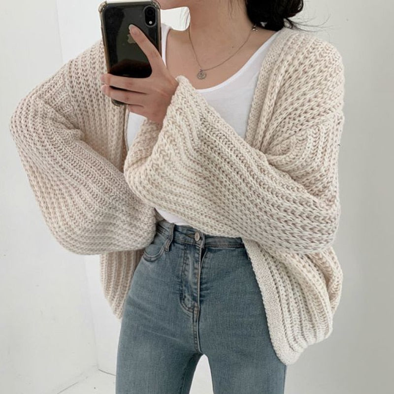 Women’s Oversized Chunky Knit Cardigan – Balloon Sleeve Open Front Jumper