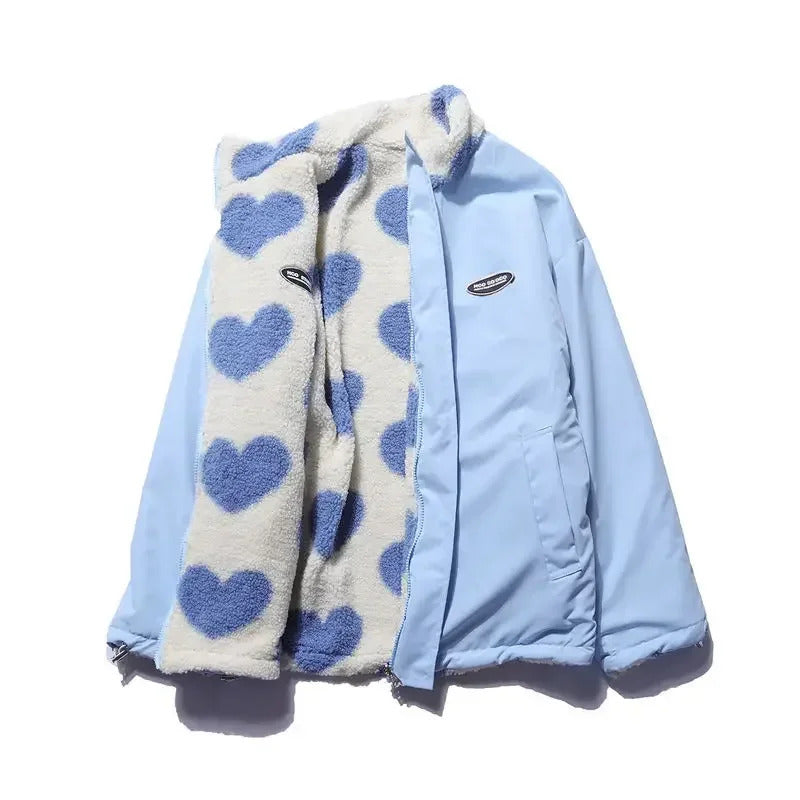 Women’s Fleece Lined Reversible Jacket with Heart Pattern