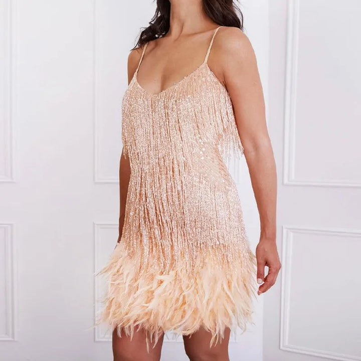 Feather Trim Sequin Mini Dress – Elegant Party Outfit