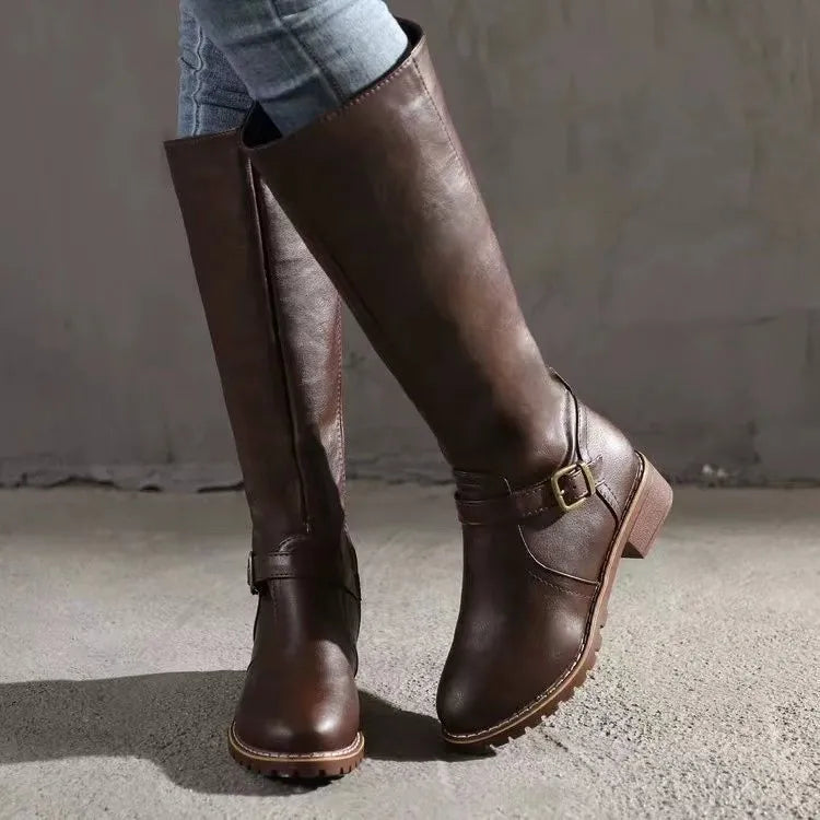 Women’s Leather Knee High Boots – Comfortable Flat Riding Style Winter Boots