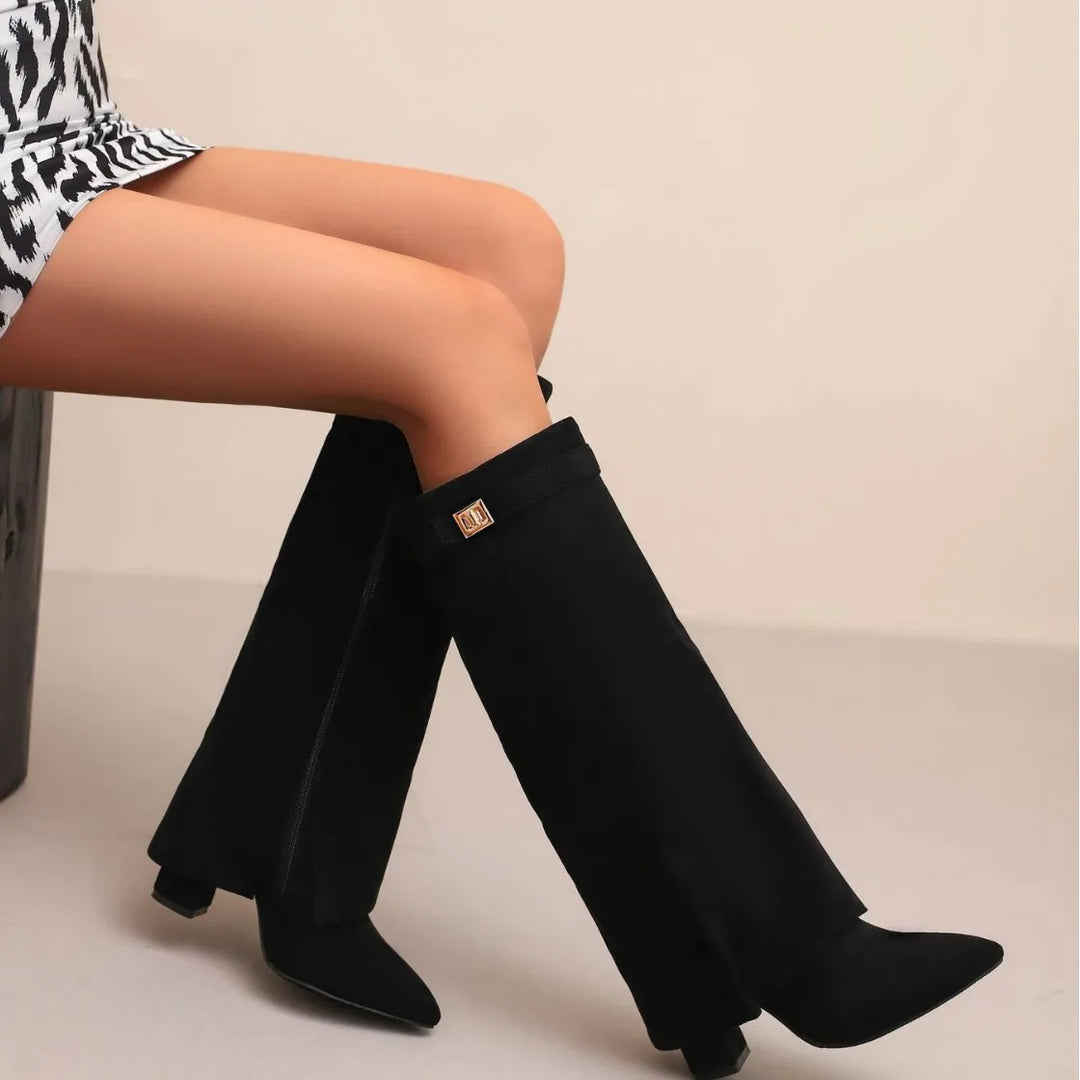 Women’s Suede Thigh-High Boots with Gold Buckle – Elegant Heeled Winter Boots