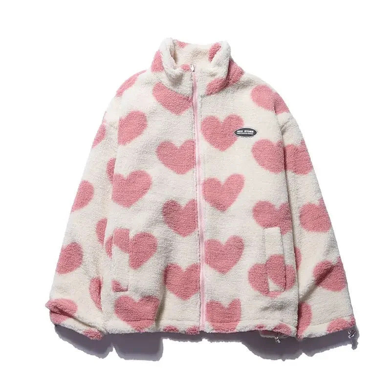 Women’s Fleece Lined Reversible Jacket with Heart Pattern