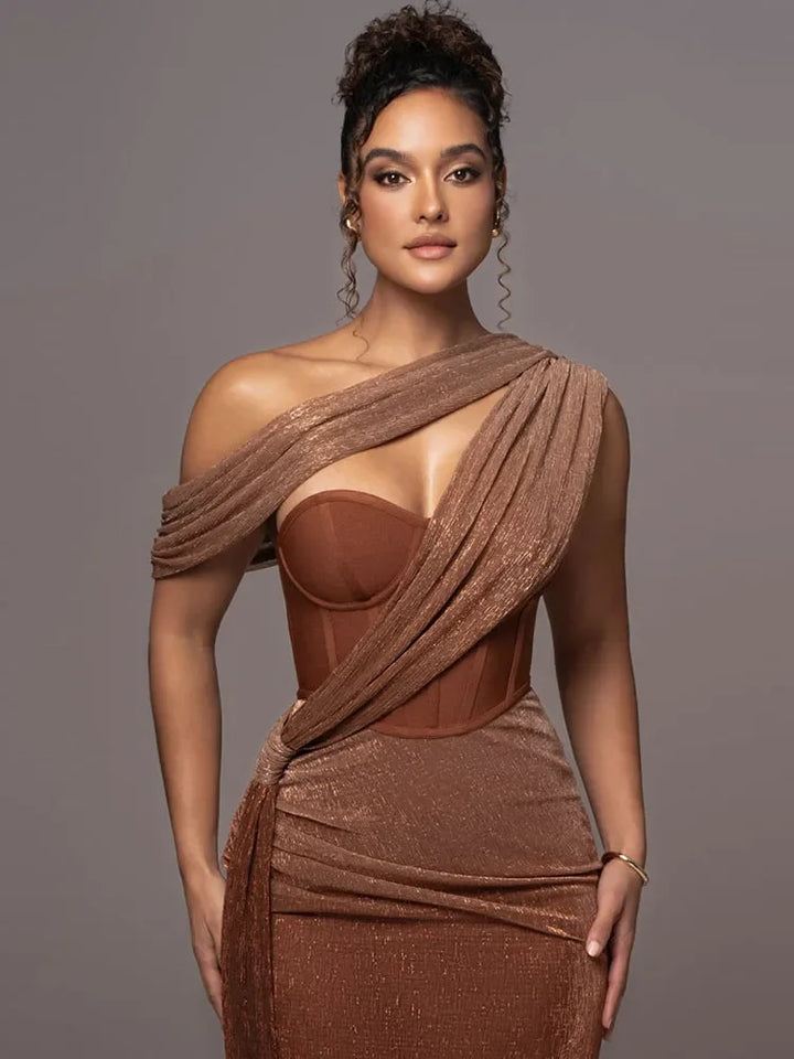 Women’s One-Shoulder Luxe Evening Maxi Dress – Elegant Winter Party & Christmas Outfit