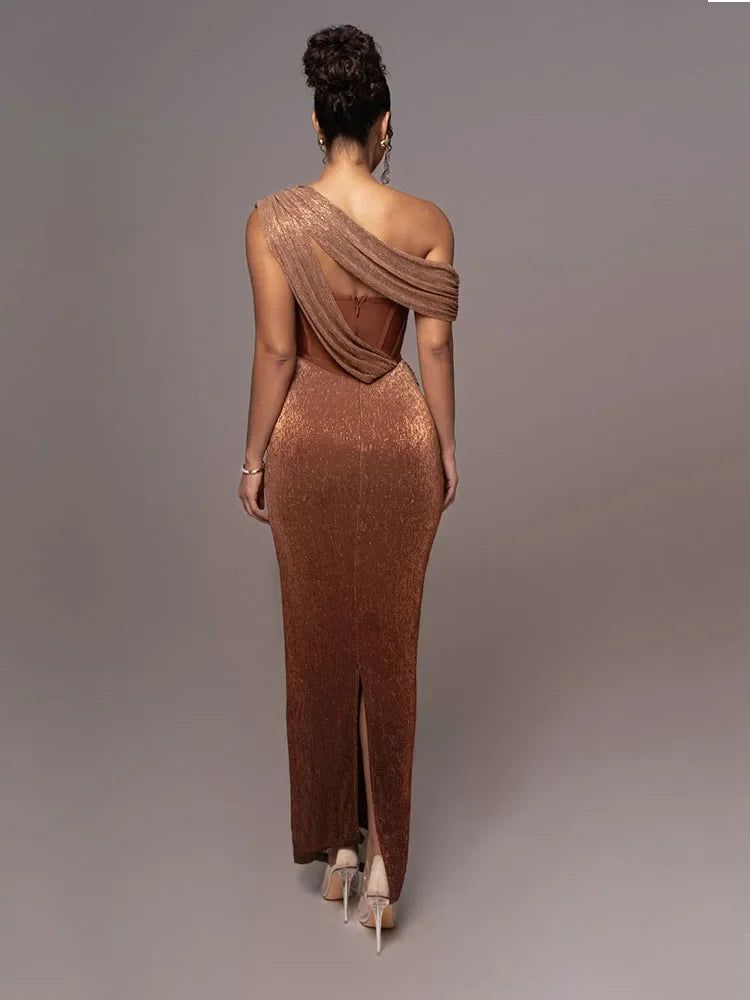 Women’s One-Shoulder Luxe Evening Maxi Dress – Elegant Winter Party & Christmas Outfit