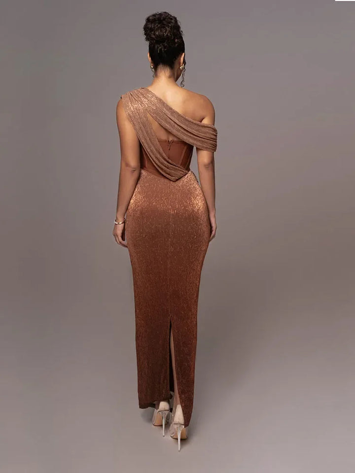Women’s One-Shoulder Luxe Evening Maxi Dress – Elegant Winter Party & Christmas Outfit