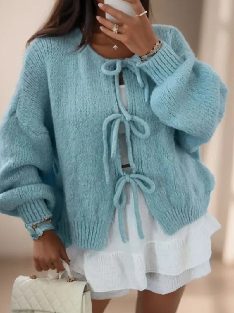 Women’s Soft Knit Tie-Front Cardigan – Balloon Sleeve Bow Detail