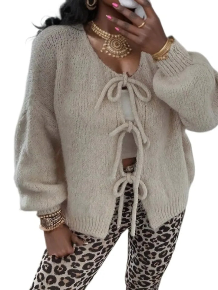 Women’s Soft Knit Tie-Front Cardigan – Balloon Sleeve Bow Detail