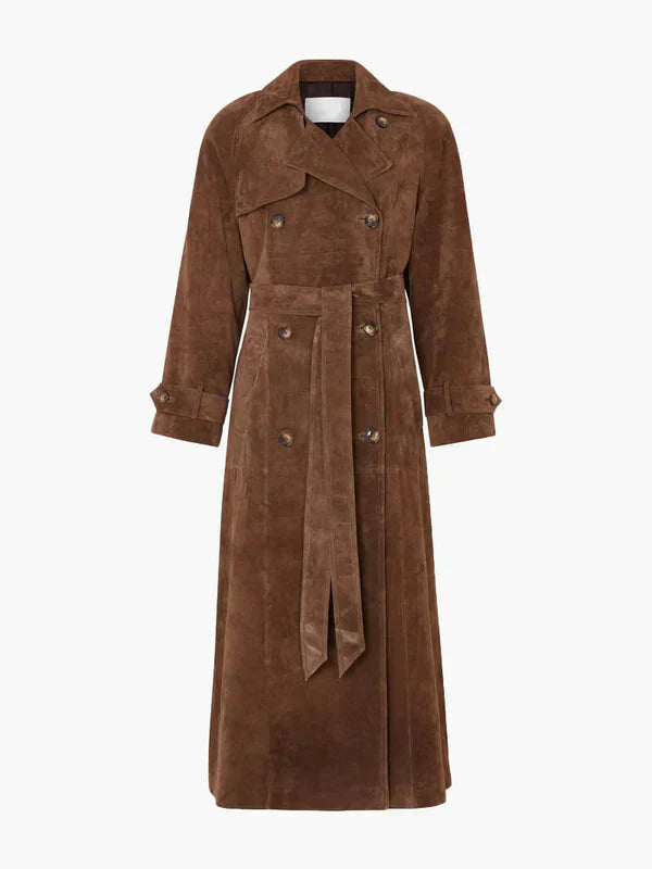 Women’s Suede Trench Coat with Belted Waist and Long Fit