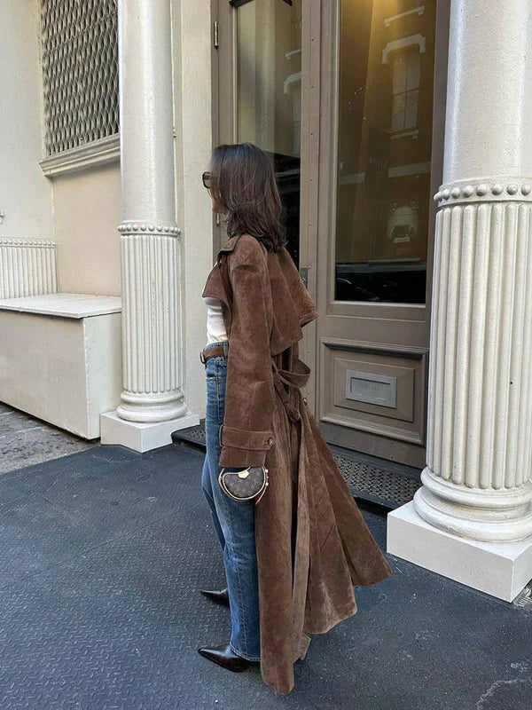 Women’s Suede Trench Coat with Belted Waist and Long Fit