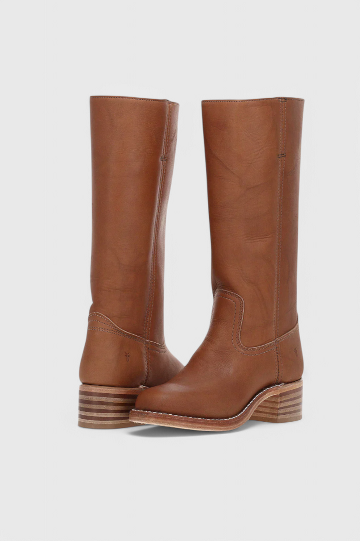 Women’s Classic Knee High Leather Boots with Block Heel and Round Toe