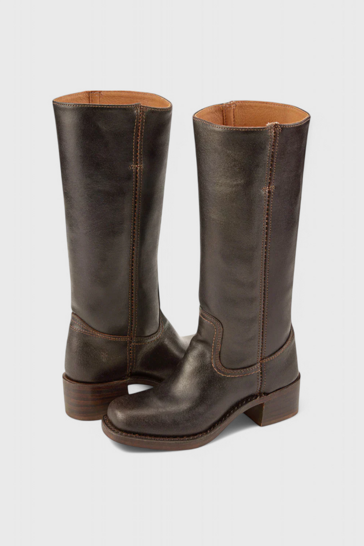 Women’s Classic Knee High Leather Boots with Block Heel and Round Toe
