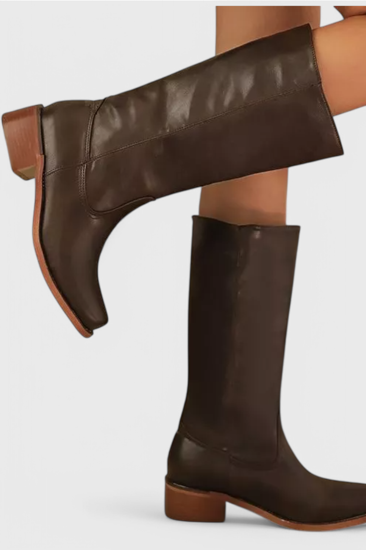 Women’s Classic Knee High Leather Boots with Block Heel and Round Toe