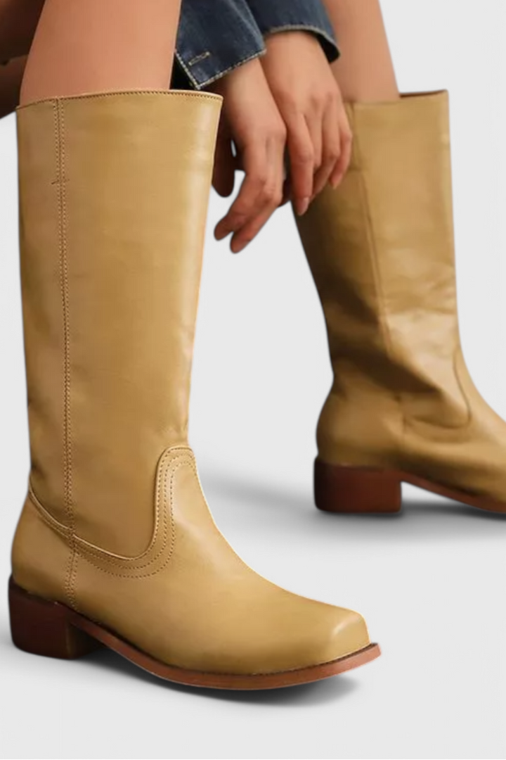 Women’s Classic Knee High Leather Boots with Block Heel and Round Toe