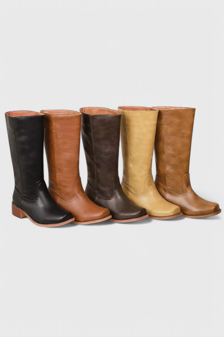 Women’s Classic Knee High Leather Boots with Block Heel and Round Toe
