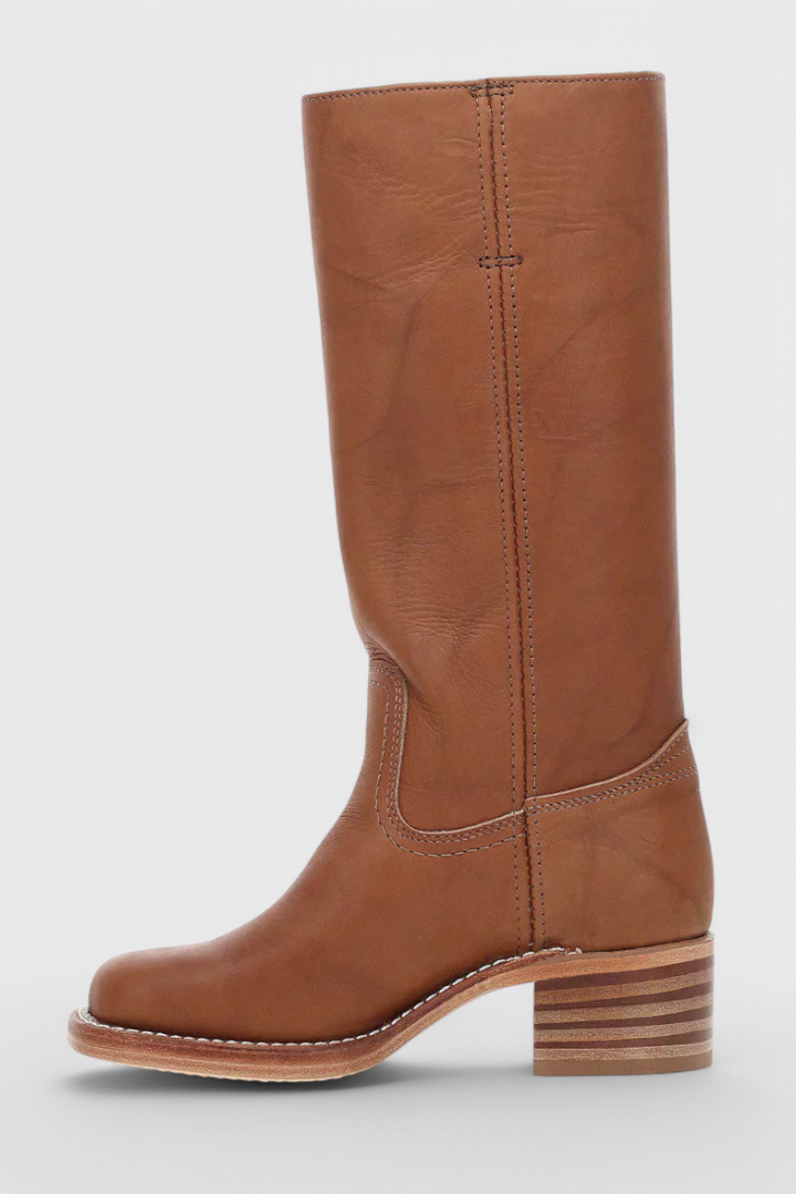 Women’s Classic Knee High Leather Boots with Block Heel and Round Toe