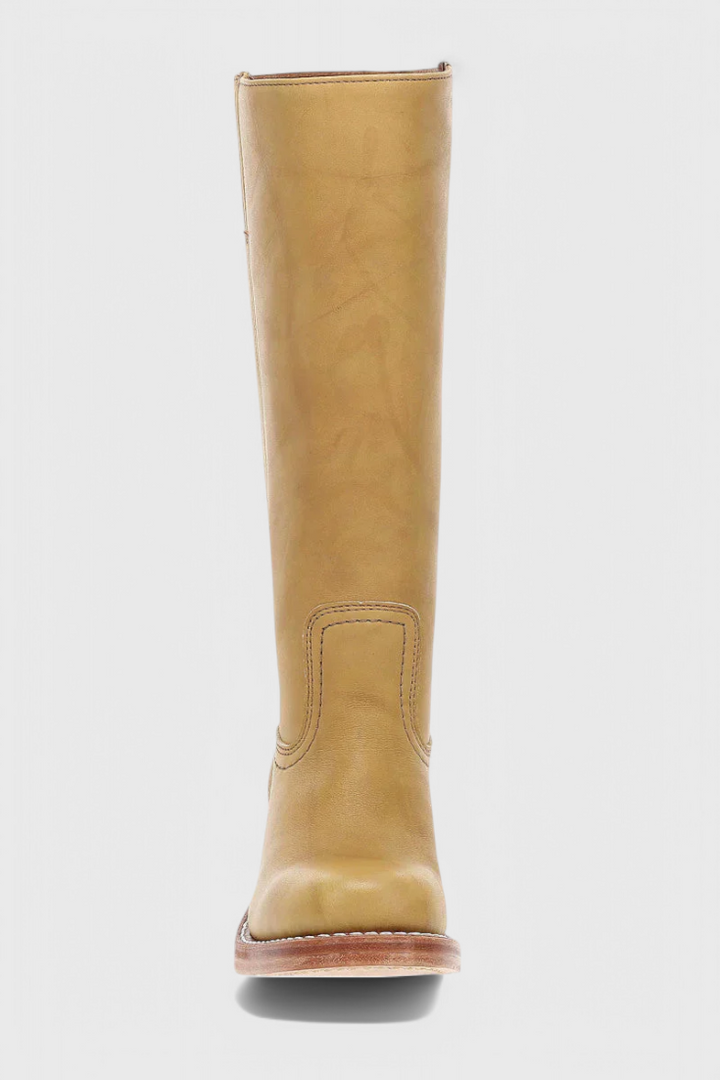 Women’s Classic Knee High Leather Boots with Block Heel and Round Toe