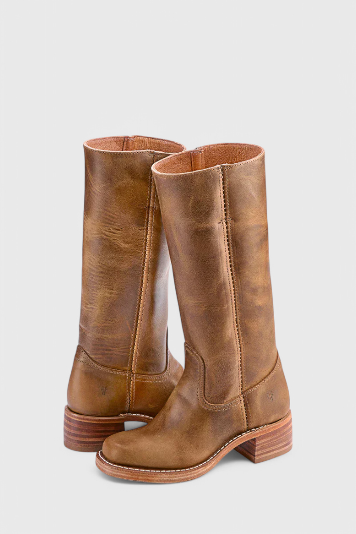 Women’s Classic Knee High Leather Boots with Block Heel and Round Toe