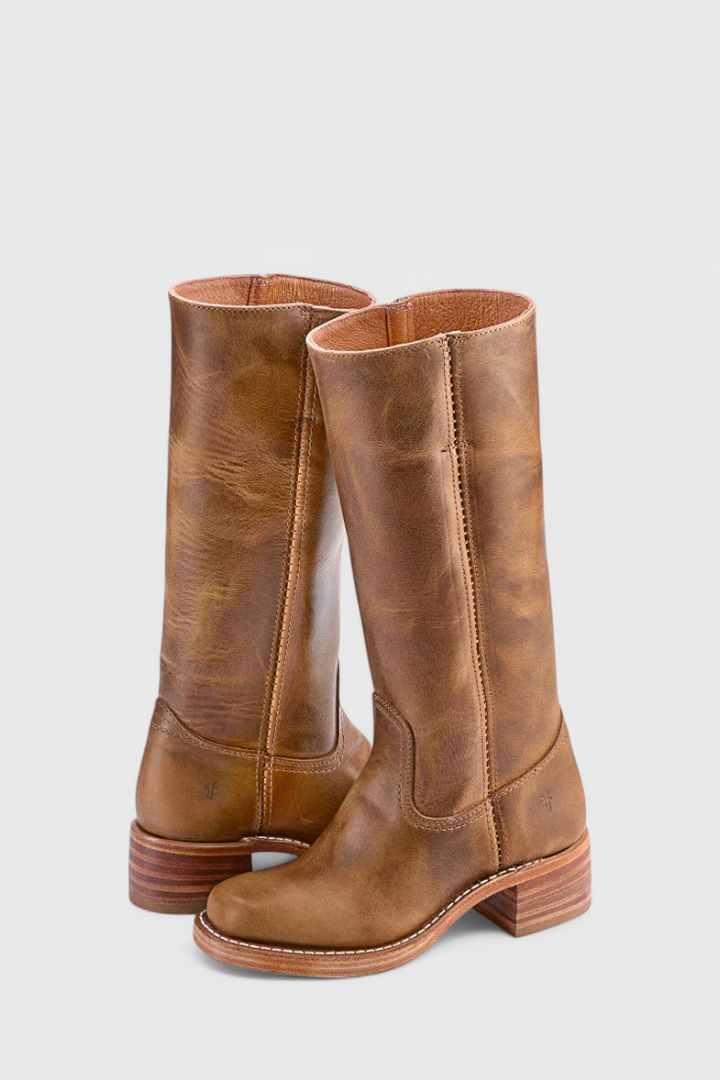 Women’s Classic Knee High Leather Boots with Block Heel and Round Toe