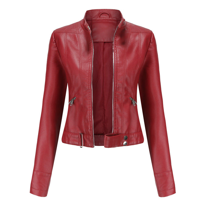 Women's Leather Jacket with Zip Closure High Collar and Belt