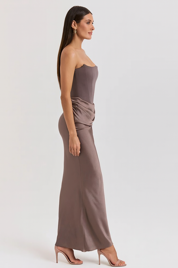 Strapless Satin Corset Maxi Dress – Elegant  Wedding Guest Gown