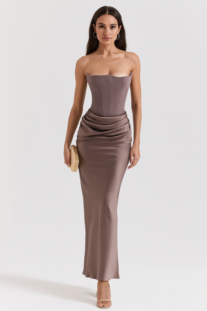 Strapless Satin Corset Maxi Dress – Elegant  Wedding Guest Gown