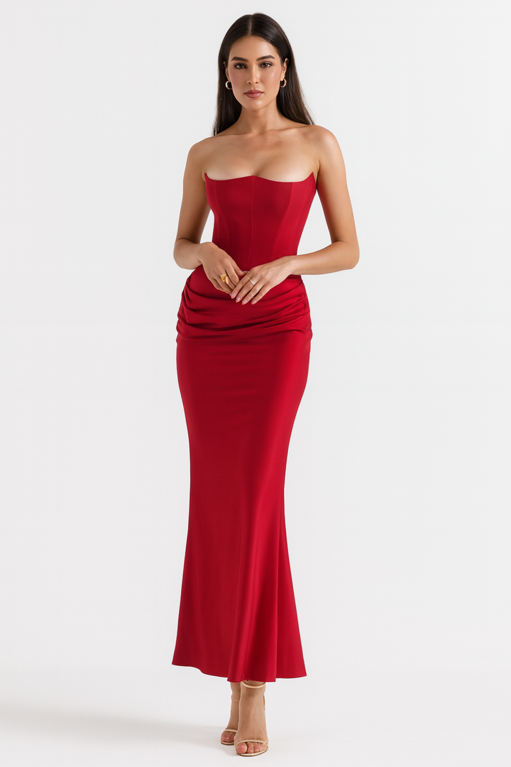 Strapless Satin Corset Maxi Dress – Elegant  Wedding Guest Gown
