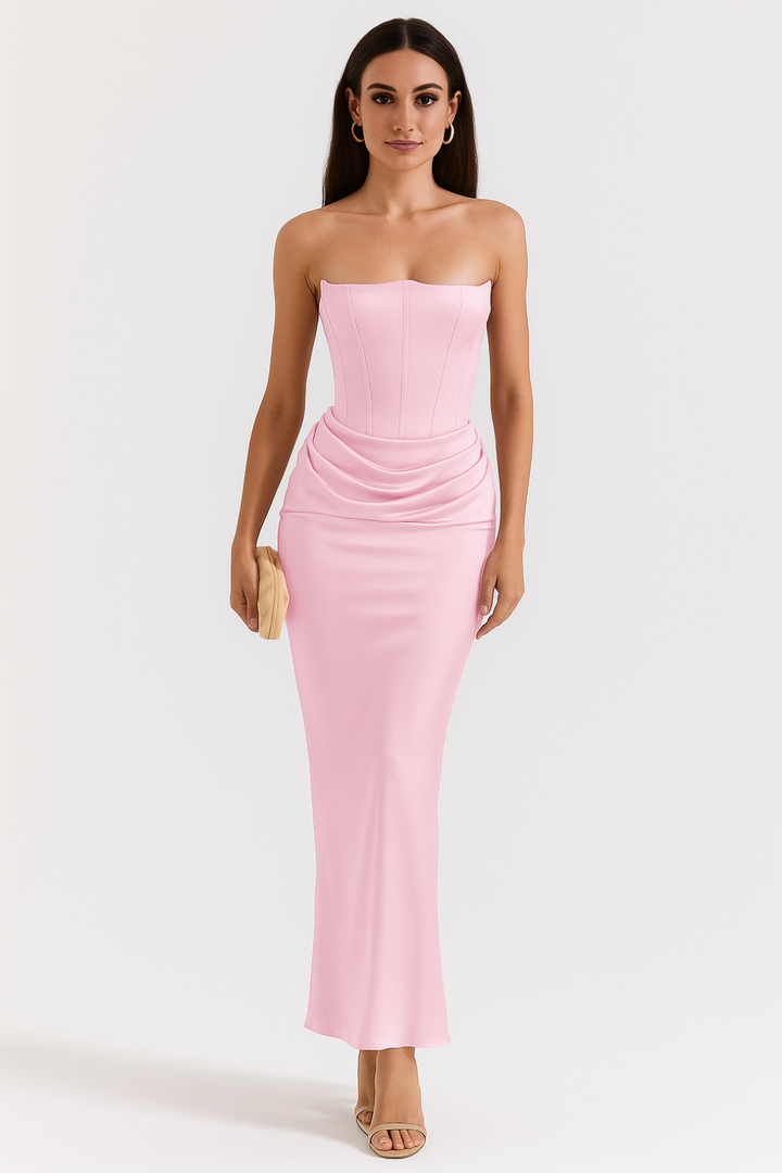 Strapless Satin Corset Maxi Dress – Elegant  Wedding Guest Gown