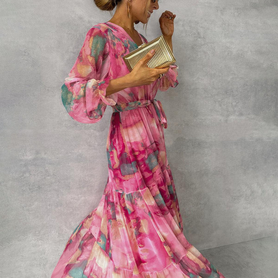 Women's Floral Wrap Dress with Long Sleeves