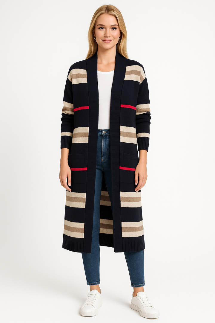 Women’s Long Knit Cardigan with Stripes