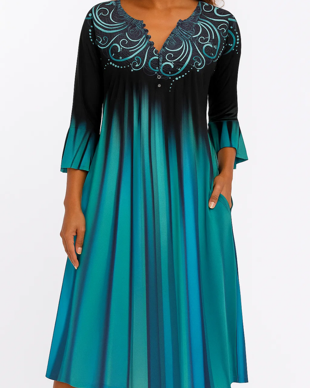 Women's Three-Quarter Sleeve Gradient Midi Dress