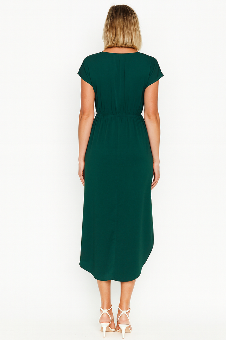 Women's Wrap Midi Dress with Short Sleeves and Waist Tie