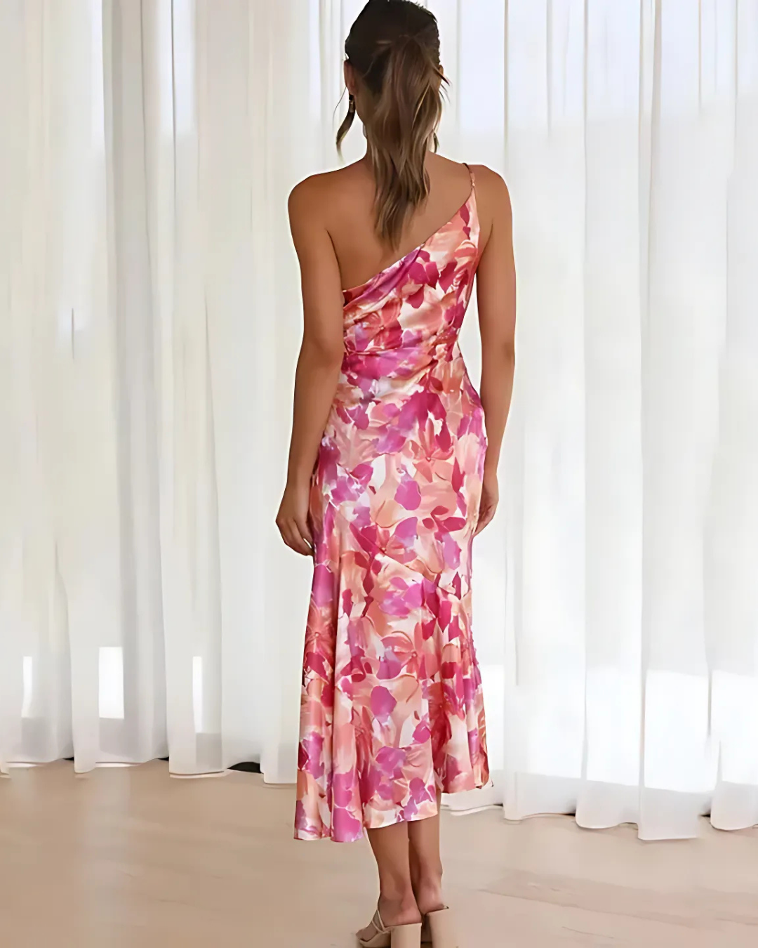 Women's Asymmetric Pink Floral Midi Dress