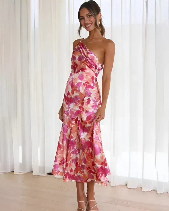 Women's Asymmetric Pink Floral Midi Dress