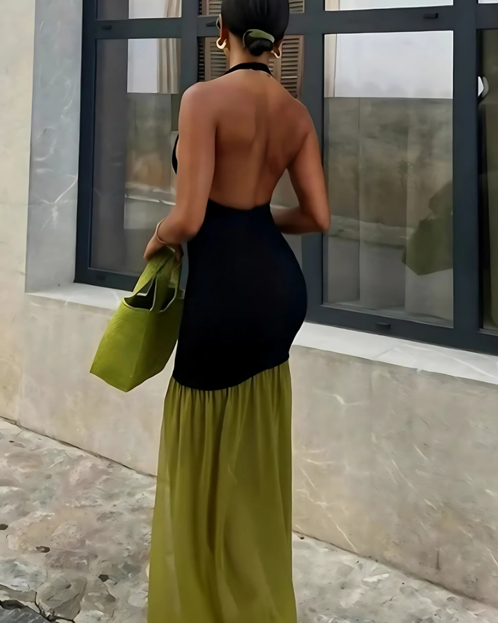 Women's Backless Dress with Contrast Detail and Plunging Neckline