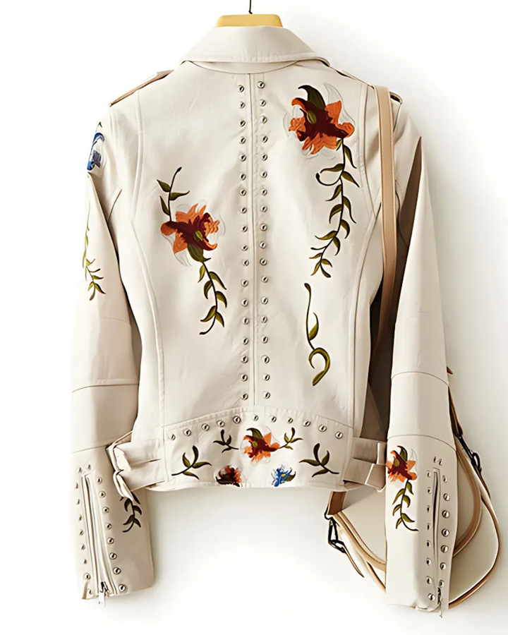 Women's Chic Faux Leather Jacket with Floral Embroidery